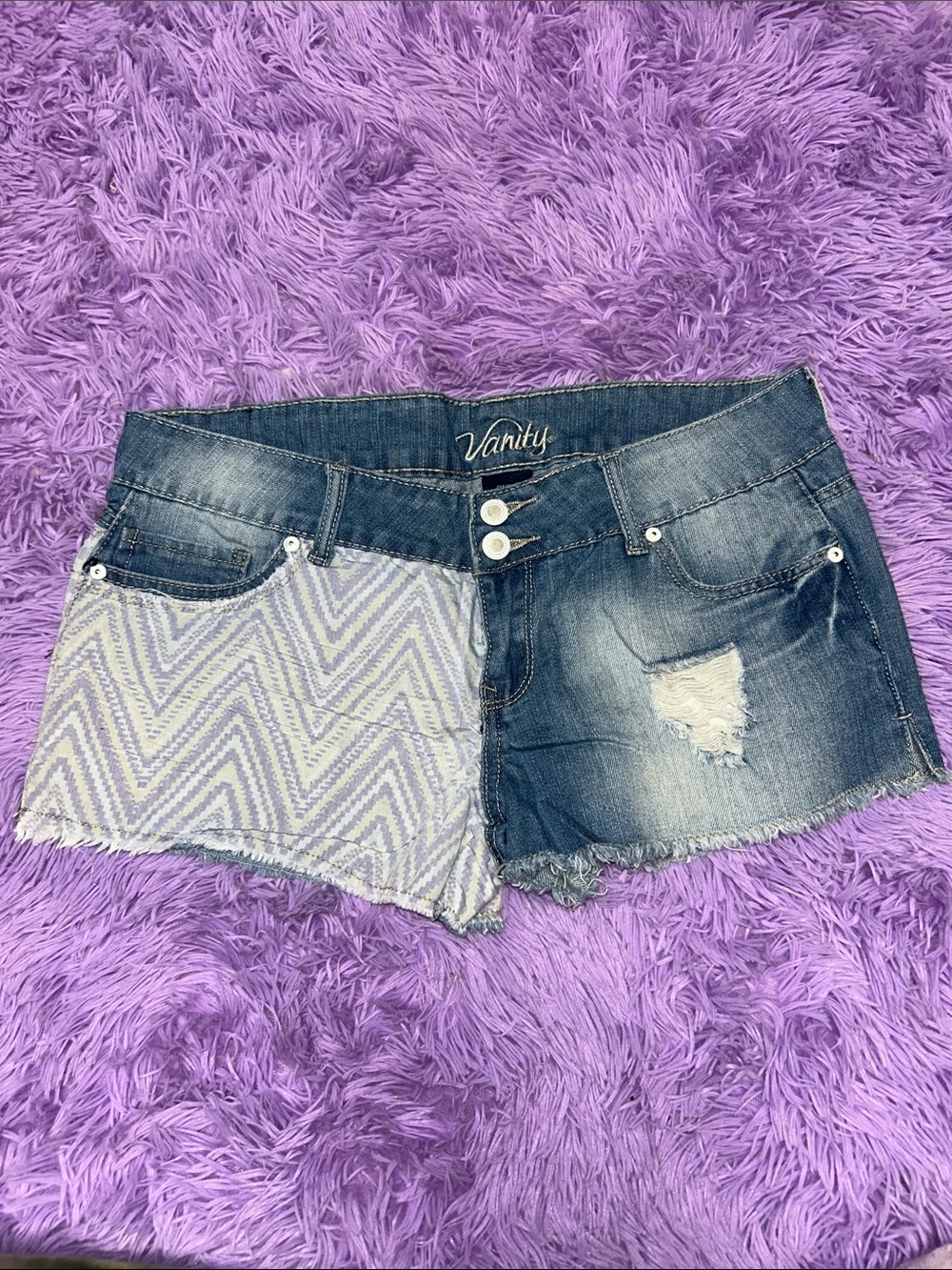 Vanity Two-Tone Denim Shorts in Blue and Lilac Chevron